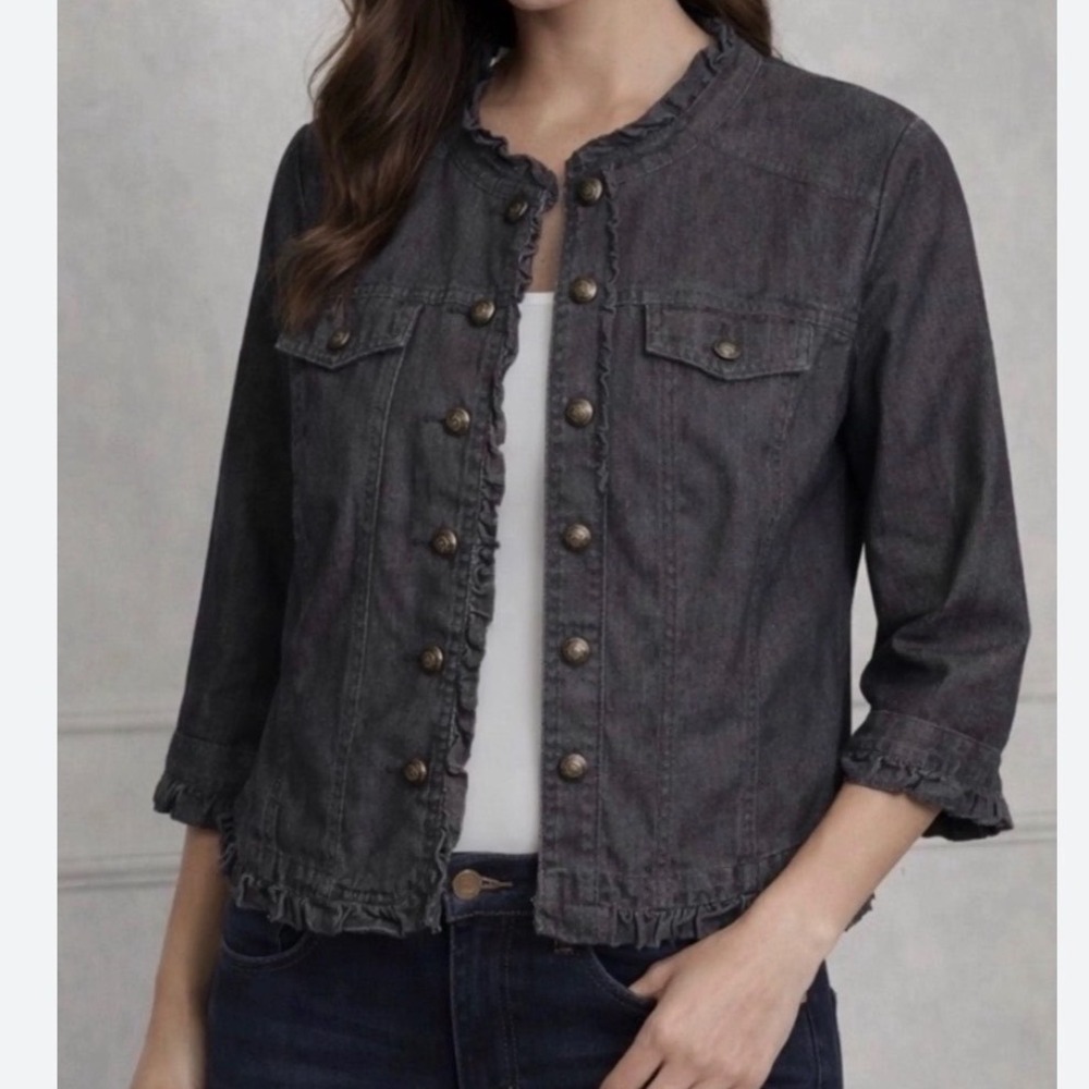 Sandro Petite‎ Denim Jacket Womens PL Gray Ruffle Trim Coquette Brass Button